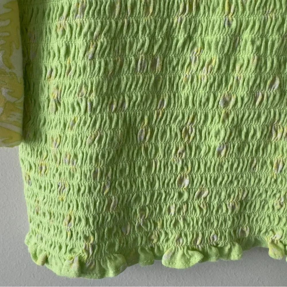 Free People Marigold Top in Key Lime Combo Smocked half Sleeve Cropped top green